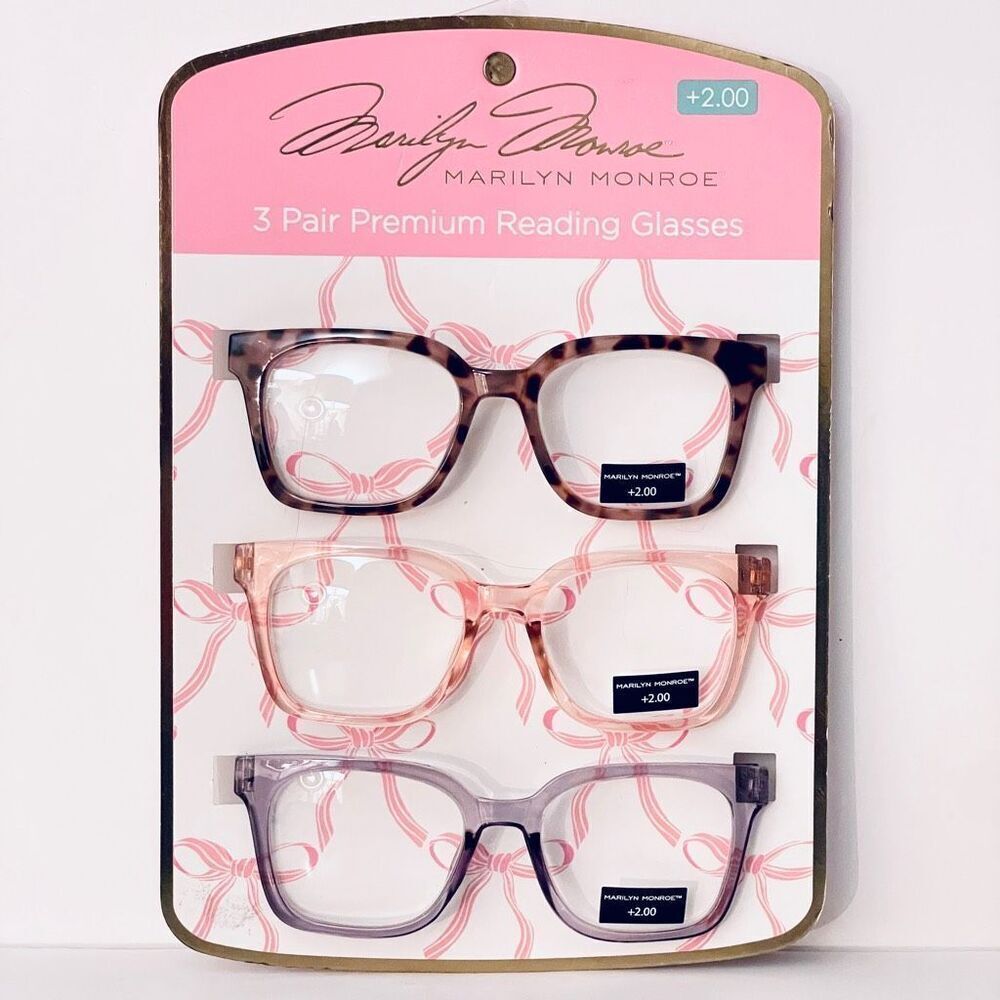 NWT 3 Pack 2.00 Marilyn Monroe Premium Reading Glasses Brown, Pink, Purple/Lilac